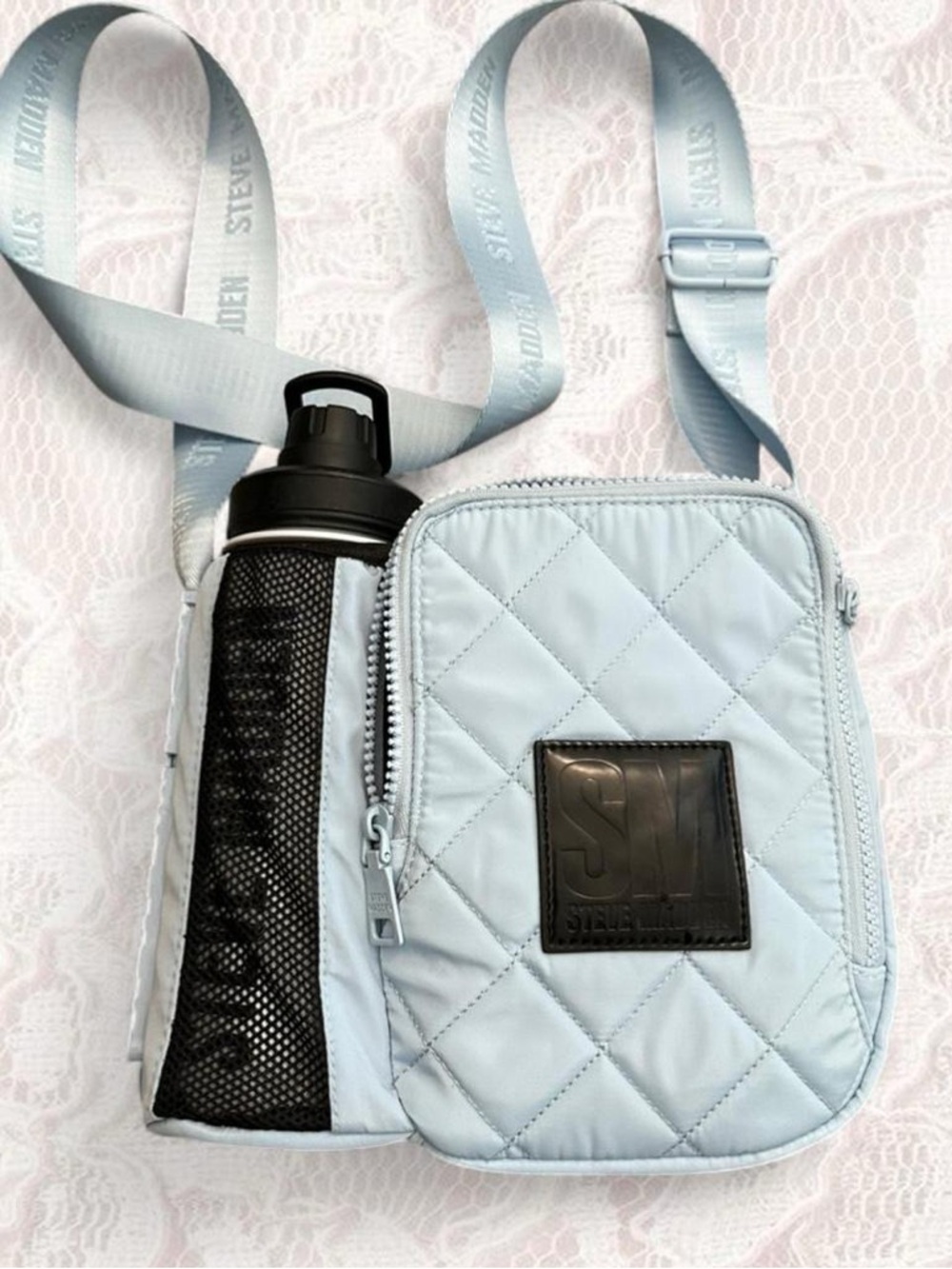 Steve Madden Baby Blue Quilted Crossbody Bottle Bag